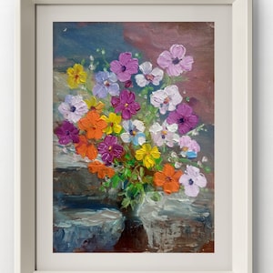 Bright small flowers Original Oil Painting forget-me-nots Flower Painting Wall Art Red Yellow Violet Flower Wall Decor Small Art nature