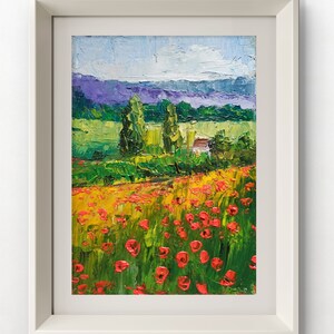 Pintura a óleo original Paisagem de verão Natureza Impasto Paisagem panorâmica Prado Flor Pintura Prado Campo de papoula vermelha Presentes Arte Casa de campo