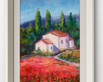 Pintura de un campo de amapolas en la Toscana: arte paisajístico al óleo original