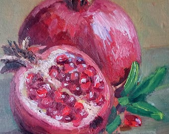 オリジナルの手描きのザクロの油絵、リアルな静物画の壁アート、豊かな