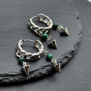 Cool and Edgy Handmade Malachite Spike Medium Cuban Chain Link Style Sterling Silver Hoop Earrings