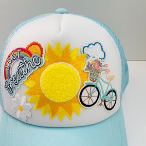 Just Breathe blue trendy trucker hat with iron on patches- bicycle, sunshine, flowers, girl gifts