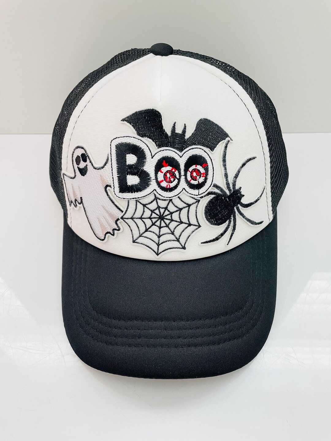 Boo Hat Boo Halloween Trucker Hat With Iron on Patches- Ghost, Bats, Spider Web ...