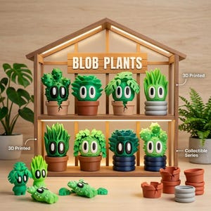 May include: A wooden display shelf labeled BLOB PLANTS containing eight small green 3D printed plant figures with cartoon eyes in various pots. Additional loose plant figures and empty pots are arranged on the surface below the shelf.