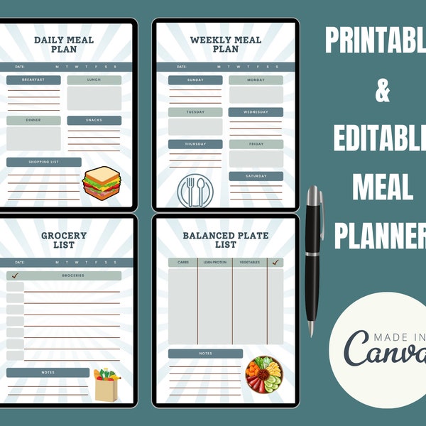 EDITABLE Meal Planner, Daily Meal Planner, Weekly Meal Planner, Monthly Meal Planner, Shopping list, Grocery List, Meal Prep Planner.