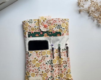 Floral Book Sleeve with Pockets: Handmade Cotton Book Protector and Journal Pouch