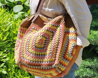 Large Crochet Shoulder Bag, Autumn Tones Vintage Knit Purse, Slouchy Patchwork Handbag, Floral Cotton Lined Market Bag, Gift for Her