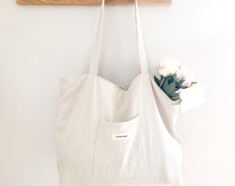 Linen beach bag with pockets, Double Sided Linen Market Bag, Summer Linen Hand Bag, Oversized linen bag with lining, Linen tote bag