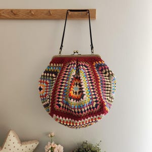 Granny Square Bag, Weekender Crochet Bag, Crochet Handle Bag, Large Colorful Market Bag with Inner Pocket, Crochet boho bag