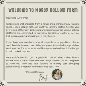 K&ouml;nnte beinhalten: Willkommen bei Mossy Hollow Farm, einem Shop, der handgefertigte Artikel anbietet. Der Text lautet: "Ich verstehe, dass Einkaufen in einem neueren Shop ohne viele Bewertungen wie ein Vertrauensvorschuss sein kann. Deshalb m&ouml;chte ich Ihnen versichern, dass ich f&uuml;r Sie da bin, bei jedem Schritt. Mit jahrelanger Erfahrung auf verschiedenen Verkaufsplattformen engagiere ich mich f&uuml;r eine Art von Kundenservice, die sich so warm und einladend anf&uuml;hlt wie ein gem&uuml;tlicher Kamin."