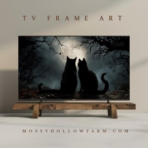 Spooky Black Cat Wall Art  Gothic Halloween Decor for Parties  Eerie Full Moon Black Cats Hallows Eve  Digital Download