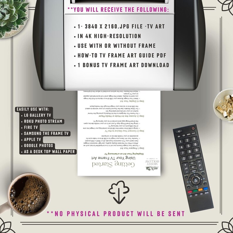 K&ouml;nnte beinhalten: Ein digitaler Download f&uuml;r TV-Rahmenkunst. Das Bild zeigt ein bedrucktes Blatt mit Anweisungen zur Verwendung der Kunst auf einem Fernseher. Der Text auf dem Blatt lautet "Getting Started" und "Using Your TV Frame Art". Das Bild zeigt auch eine Fernbedienung und eine Tasse Kaffee.