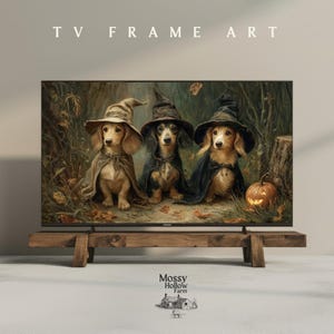 May include: TV Frame Art featuring three dachshunds dressed as witches, wearing pointed hats and capes, with a carved pumpkin. The artwork is displayed on a rustic wooden TV stand. The text "TV FRAME ART" is at the top.