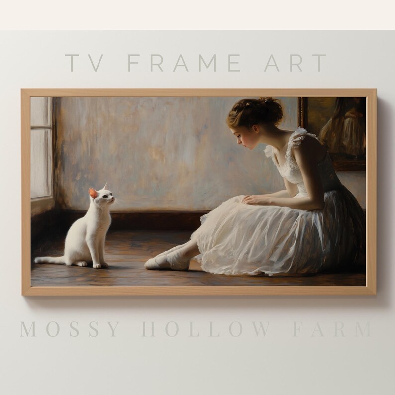 Ballerina Cat TV Frame Art: Vintage Oil Painting (Digital Download) image 1