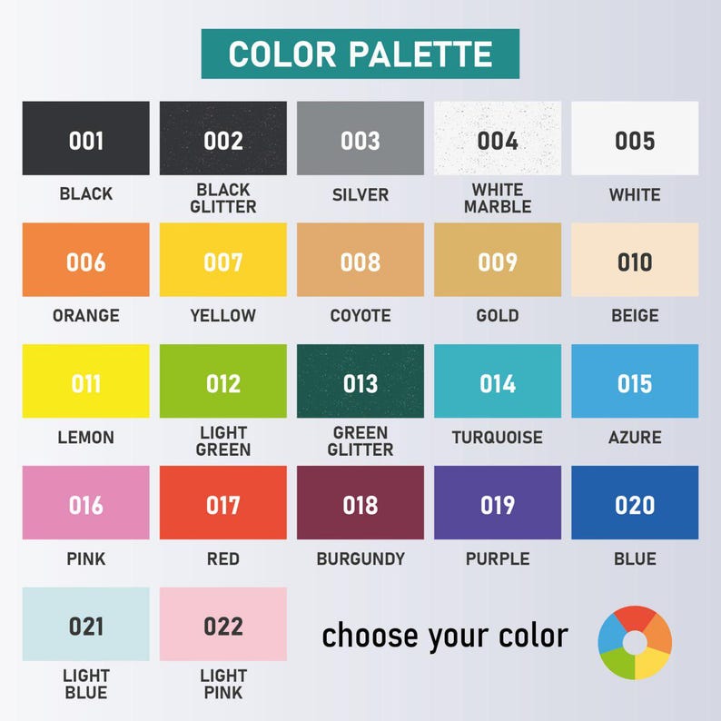 Peut inclure: Un nuancier pr&eacute;sentant vingt-deux &eacute;chantillons num&eacute;rot&eacute;s avec leurs noms de couleurs correspondants, incluant noir, argent, marbre blanc, orange, jaune, coyote, or, beige, citron, vert clair, turquoise, azur, rose, rouge, bordeaux, violet, bleu et rose clair.
