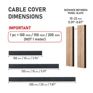 Peut inclure: Un sch&eacute;ma technique indiquant les dimensions de cache-c&acirc;bles avec des &eacute;tiquettes textuelles. Il pr&eacute;sente trois pi&egrave;ces rectangulaires noires de 100 mm, 150 mm et 200 mm de long, ainsi que deux lattes en bois avec un &eacute;cart de 10-22 mm entre elles.