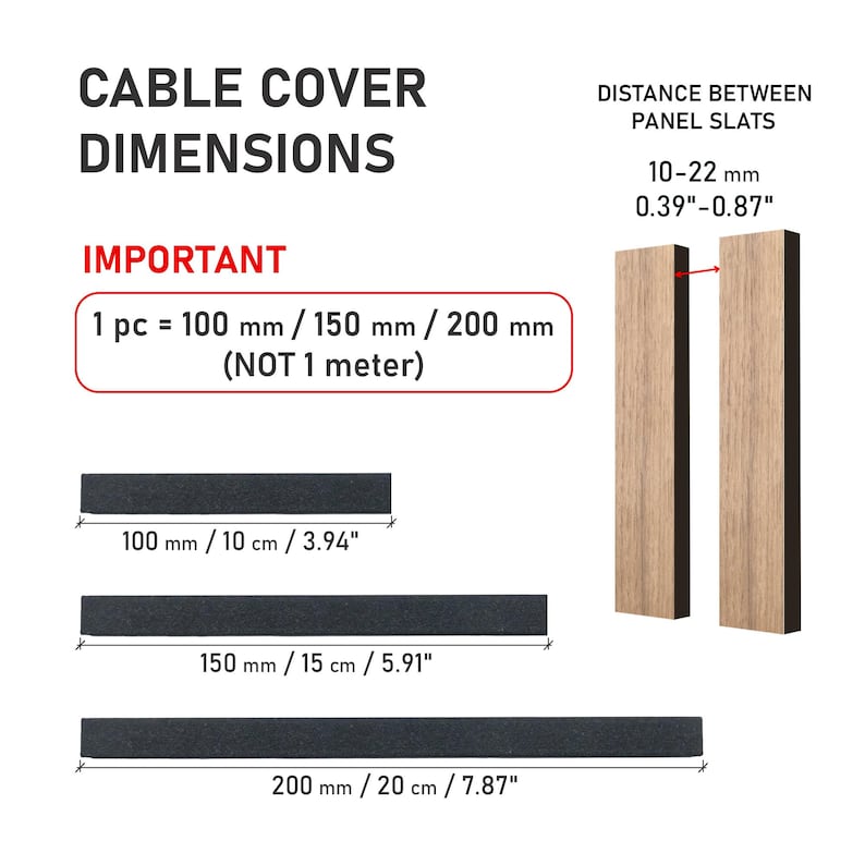Peut inclure: Un sch&eacute;ma technique indiquant les dimensions de cache-c&acirc;bles avec des &eacute;tiquettes textuelles. Il pr&eacute;sente trois pi&egrave;ces rectangulaires noires de 100 mm, 150 mm et 200 mm de long, ainsi que deux lattes en bois avec un &eacute;cart de 10-22 mm entre elles.
