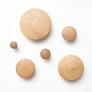 Può includere: Cinque ganci da parete in legno di diverse dimensioni, che vanno dal piccolo al grande, con una finitura in legno naturale. I ganci sono circolari e hanno una superficie liscia.
