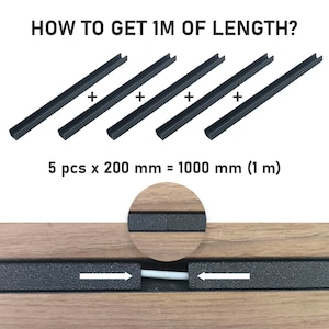 Peut inclure: Cinq profil&eacute;s noirs en forme de U, de 200 mm chacun, totalisant 1000 mm ou 1 m&egrave;tre. Texte : HOW TO GET 1M OF LENGTH? et 5 pcs x 200 mm = 1000 mm (1 m). Un encart circulaire montre deux profil&eacute;s joints avec des fl&egrave;ches blanches pointant vers l'int&eacute;rieur.