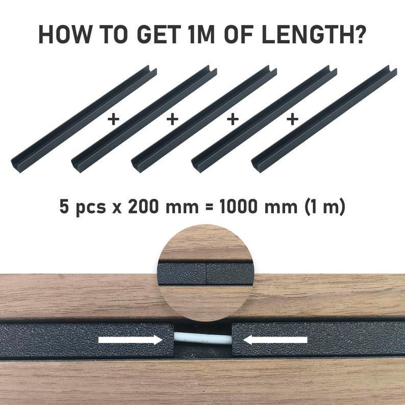 Peut inclure: Cinq profil&eacute;s noirs en forme de U, de 200 mm chacun, totalisant 1000 mm ou 1 m&egrave;tre. Texte : HOW TO GET 1M OF LENGTH? et 5 pcs x 200 mm = 1000 mm (1 m). Un encart circulaire montre deux profil&eacute;s joints avec des fl&egrave;ches blanches pointant vers l'int&eacute;rieur.