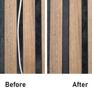 Op de afbeelding: Een voor-en-na-afbeelding toont houten panelen met een witte kabel en een zwarte strip. De linkerkant, met het label "Voor", heeft een witte kabel. De rechterkant, met het label "Na", toont de panelen met een zwarte strip.