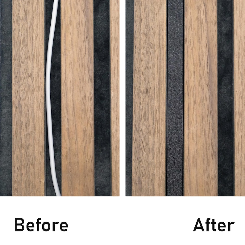Side-by-side comparison showing a messy white wire on a wood slat wall (Before) and a clean, professional look with a black cable cover installed (After). Effective cable organization solution for acoustic panels.