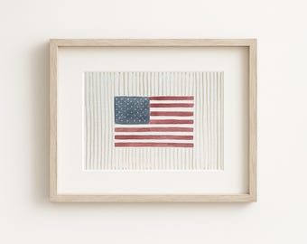 Hand-Painted Watercolor American Flag Print | Striped Farmhouse Patriotic Art