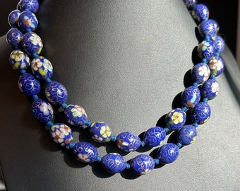 Cloisonné Cobalt Blue Floral Knotted Beaded Necklace