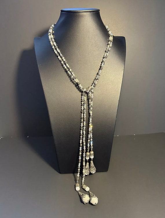 Crystal Beaded Long Lariat Style Statement Necklac
