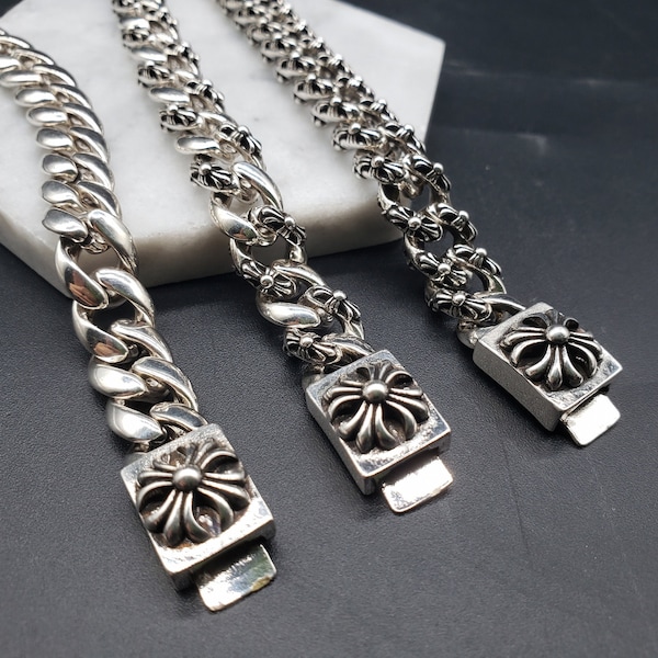 Chrome Hearts Style Cross Flower Chain Bracelet, Silver Bracelet, Retro Style, Gift for Lover
