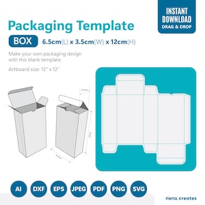 May include: A printable packaging template for a box with dimensions of 6.5 inches by 3.5 inches by 12 inches. The template is shown as a flat layout with fold lines and tabs. The template is designed for easy assembly.