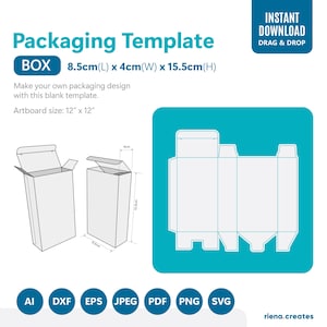 Könnte beinhalten: Eine Schwarzweiß-Zeichnung eines Schachtel-Templates für Verpackungen. Das Template ist für eine Schachtel, die 8,5 cm lang, 4 cm breit und 15,5 cm hoch ist. Der Text "BOX 8.5cm(L) x 4cm(W) x 15.5cm(H)" befindet sich oben im Bild. Der Text "Gestalten Sie Ihr eigenes Verpackungsdesign mit dieser leeren Vorlage." befindet sich unter den Schachtelmaßen. Der Text "Artboardgröße: 12" x 12" befindet sich unter dem Verpackungsdesign-Text. Der Text "INSTANT DOWNLOAD DRAG & DROP" befindet sich in der oberen rechten Ecke des Bildes. Der Text "AI DXF EPS JPEG PDF PNG SVG" befindet sich unten im Bild. Der Text "riena.creates" befindet sich in der unteren rechten Ecke des Bildes.