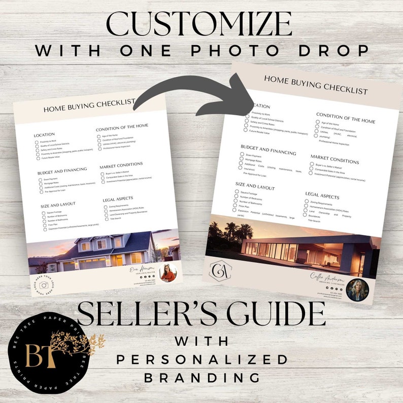 Real estate home buying checklist which can be used as a marketing resource. This is a template that can be customized in Canva with no extra design skill using a free account. Template can be edited to match realtor branding.