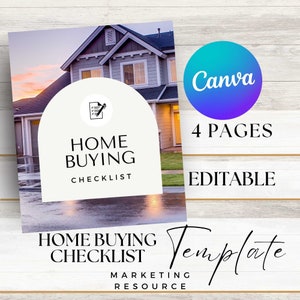 Real estate home buying checklist which can be used as a marketing resource. This is a template that can be customized in Canva with no extra design skill using a free account. Template can be edited to match realtor branding.