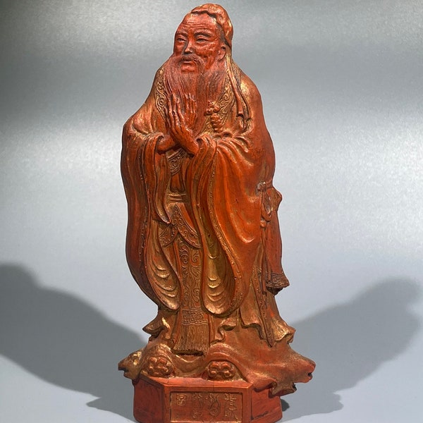 Hand-Carved Cinnabar Confucius Statue - Rare Vintage Chinese Antique - Unique Gift - Desk Ornament - Home and Office Decor - Q1035