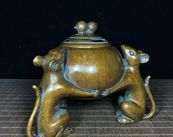 Quemador de incienso chino antiguo de cobre puro con diseño de tres ratones, decoración de escritorio para el hogar y la oficina, J1017