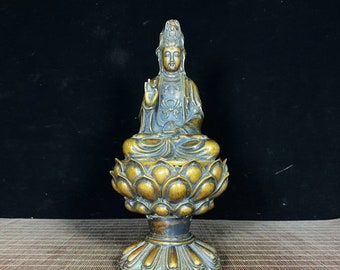 Lotus Throne Guanyin Bodhisattva Statue Incense Burner - Handcrafted Bronze Chinese Antique, Rare and Precious Gift, Desktop Ornament, J1081