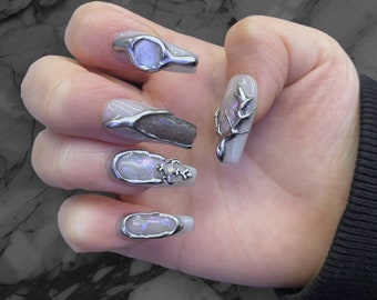 Gothic Press On Nails l Silver Chrome Reusable Nails l Mirror Glitter 3D Fake Nails l Fashion Popular Nails