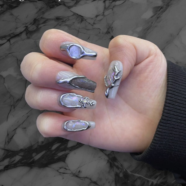 Gothic Press On Nails l Silver Chrome Nail Art l Mirror Glitter 3D Fake Nails l Fashion Popular Nails