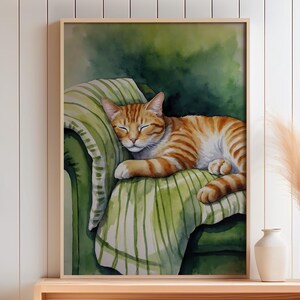 Cozy Cat Art Print, Whimsical Sleeping Cat Wall Art for Home Decor, Cute Cat Lover Gift Digital Download