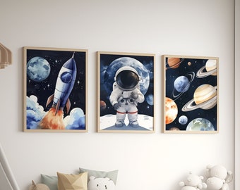 Nursery Wall Art, Outer Space Prints Set of 2, Rocket Ship and ...