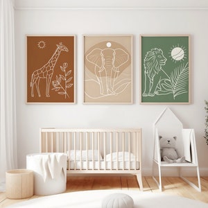 Conjunto de 3 impressões de arte da linha Boho Safari - decoração de parede minimalista de animais da selva para berçário - leão, elefante, girafa
