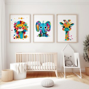 Safari-Kinderzimmer-Dekor-Set mit 3 Tierdrucken, Löwe, Giraffe, Elefant, Babyzimmer-Kunst, Dschungel-Themen-Kinderzimmer-Geschenk