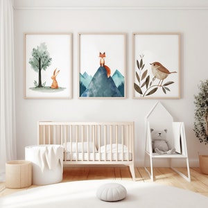 Gender-Neutral Nursery Print, Sage Green Woodland Wall Art for Baby Room, Boho Decor Set of 3 Gift Idea