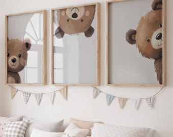 Peeking Bear Nursery Print: Woodland Animal Kids Room Decor (Digital Download