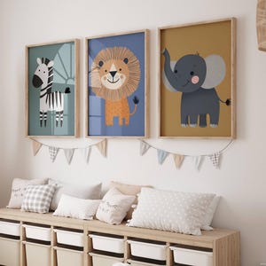 Jungle Animal Nursery Art Set, 3 Colorful Safari Prints for Kids Bedroom, Boho Jungle Decor, Animal Wall Art for Toddler Room
