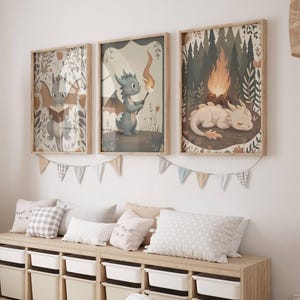 Whimsical Baby Dragon Wall Art Set – Nursery Printable Bundle with Cute Reading, Sleeping, Roasting Marshmallows & Flower Holding Designs