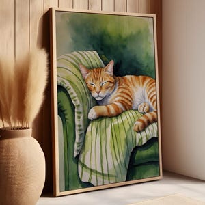 Cozy Cat Art Print Digital Download, Adorable Sleeping Cat Wall Decor for Living Room, Ideal Cat Lover Gift