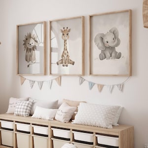 Safari Nursery Prints: Lion, Giraffe, Elephant (Digital Download Set of 3)