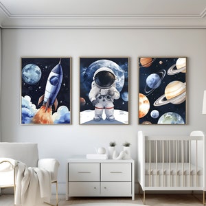 Astronaut Planeten druckbare Wandkunst, Weltraum Aquarell Thema Drucke Set, Kinderzimmer Dekor, 3er-Set Drucke für Kinderzimmer Dekor